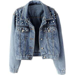 Women's Oversized Denim Jacket Embroidered Pearls Beading Jeans Coat Blue